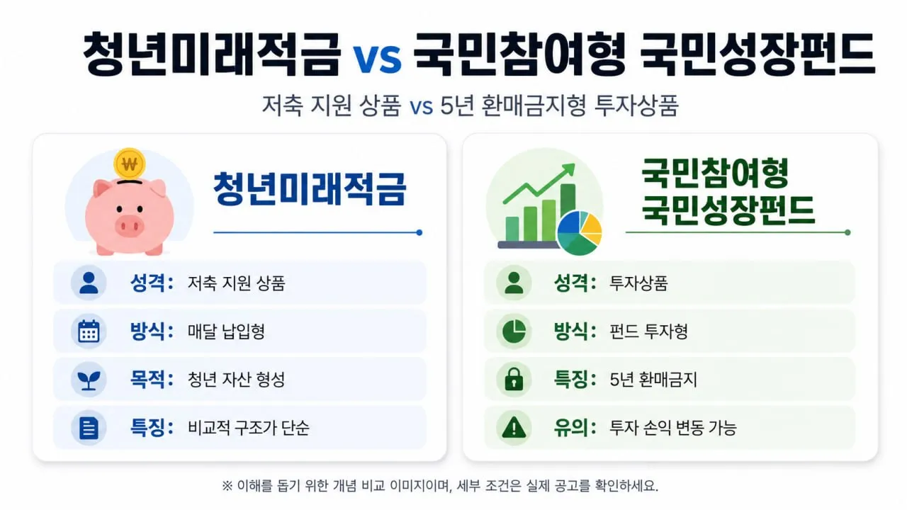 청년미래적금과 국민참여형 국민성장펀드의 성격을 비교한 요약 이미지