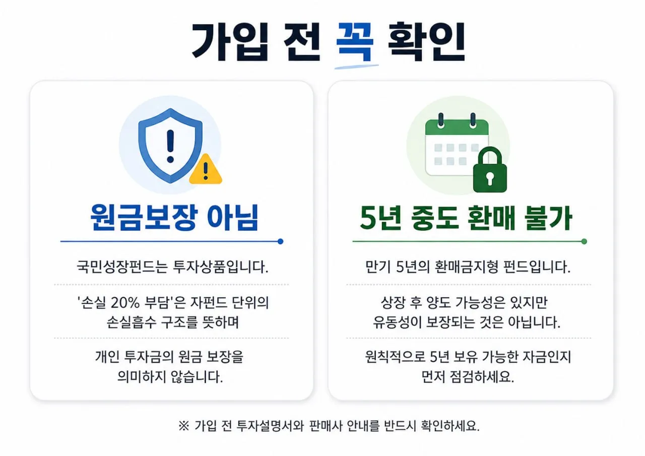 국민성장펀드 가입 전 원금보장 아님과 5년 중도 환매 불가를 확인하라는 주의 이미지